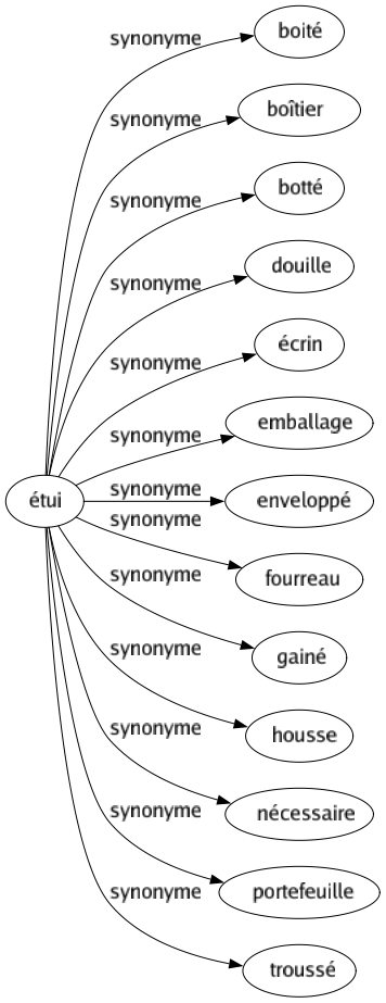 Synonyme de Étui : Boité Boîtier Botté Douille Écrin Emballage Enveloppé Fourreau Gainé Housse Nécessaire Portefeuille Troussé 