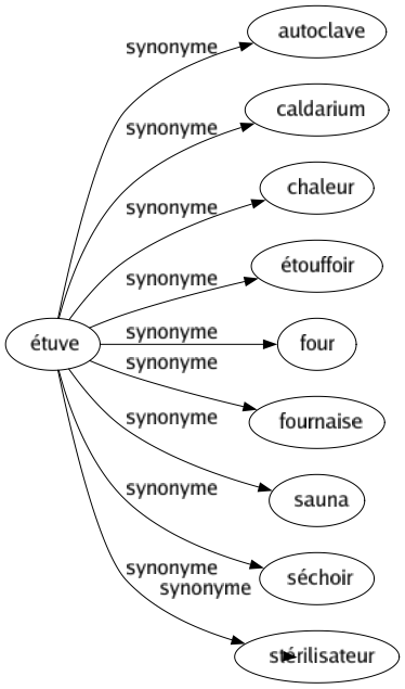 Synonyme de Étuve : Autoclave Caldarium Chaleur Étouffoir Four Fournaise Sauna Séchoir Stérilisateur 