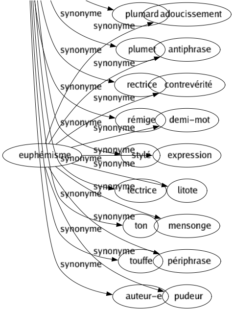 Synonyme de Euphémisme : Adoucissement Antiphrase Contrevérité Demi-mot Expression Litote Mensonge Périphrase Pudeur 