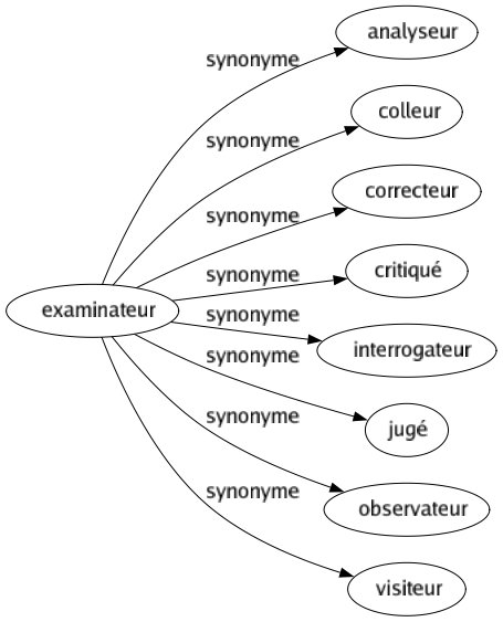 Synonyme de Examinateur : Analyseur Colleur Correcteur Critiqué Interrogateur Jugé Observateur Visiteur 