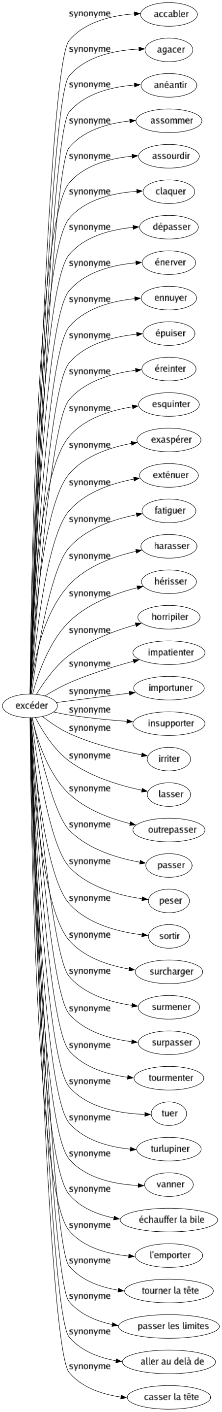 Synonyme de Excéder : Accabler Agacer Anéantir Assommer Assourdir Claquer Dépasser Énerver Ennuyer Épuiser Éreinter Esquinter Exaspérer Exténuer Fatiguer Harasser Hérisser Horripiler Impatienter Importuner Insupporter Irriter Lasser Outrepasser Passer Peser Sortir Surcharger Surmener Surpasser Tourmenter Tuer Turlupiner Vanner Échauffer la bile L'emporter Tourner la tête Passer les limites Aller au delà de Casser la tête 