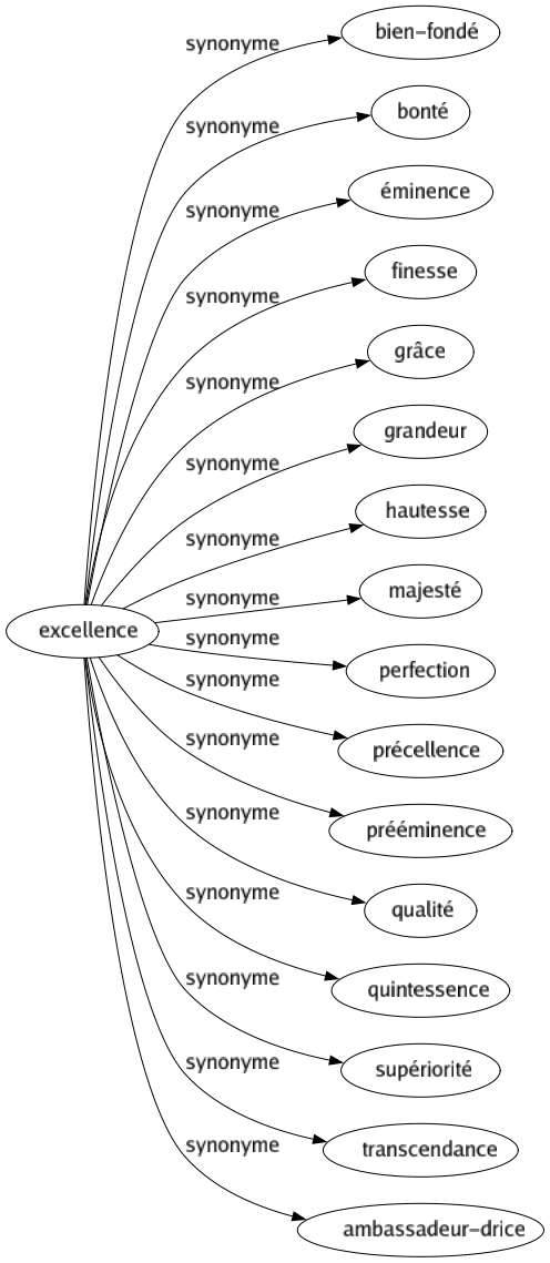 Synonyme de Excellence : Bien-fondé Bonté Éminence Finesse Grâce Grandeur Hautesse Majesté Perfection Précellence Prééminence Qualité Quintessence Supériorité Transcendance Ambassadeur-drice 