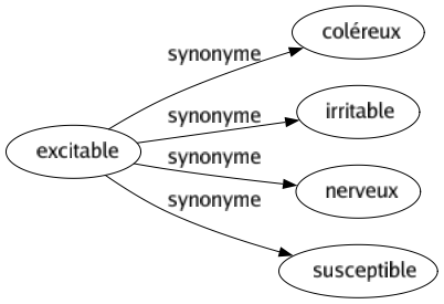 Synonyme de Excitable : Coléreux Irritable Nerveux Susceptible 
