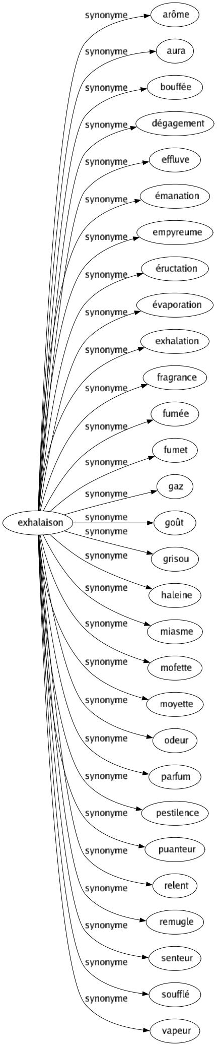 Synonyme de Exhalaison : Arôme Aura Bouffée Dégagement Effluve Émanation Empyreume Éructation Évaporation Exhalation Fragrance Fumée Fumet Gaz Goût Grisou Haleine Miasme Mofette Moyette Odeur Parfum Pestilence Puanteur Relent Remugle Senteur Soufflé Vapeur 