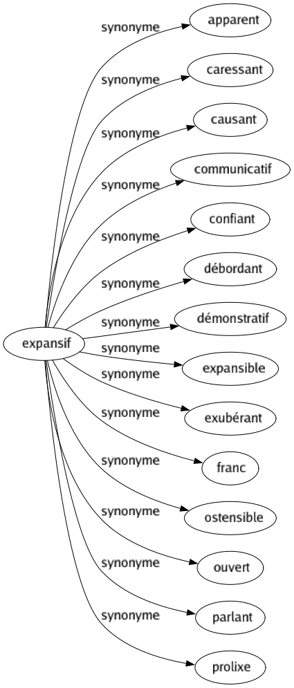 Synonyme de Expansif : Apparent Caressant Causant Communicatif Confiant Débordant Démonstratif Expansible Exubérant Franc Ostensible Ouvert Parlant Prolixe 