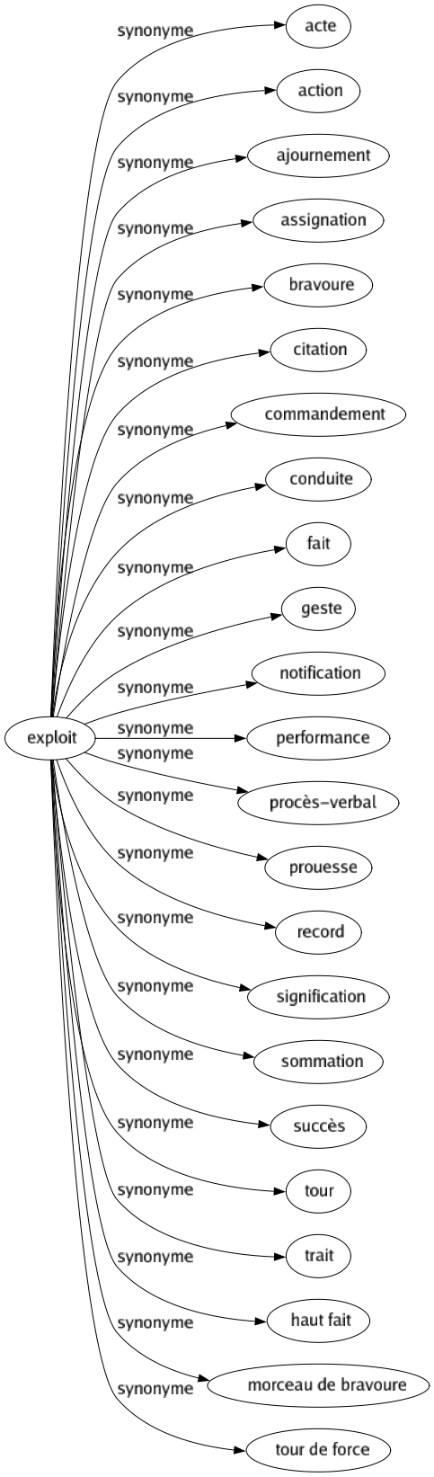 Synonyme de Exploit : Acte Action Ajournement Assignation Bravoure Citation Commandement Conduite Fait Geste Notification Performance Procès-verbal Prouesse Record Signification Sommation Succès Tour Trait Haut fait Morceau de bravoure Tour de force 