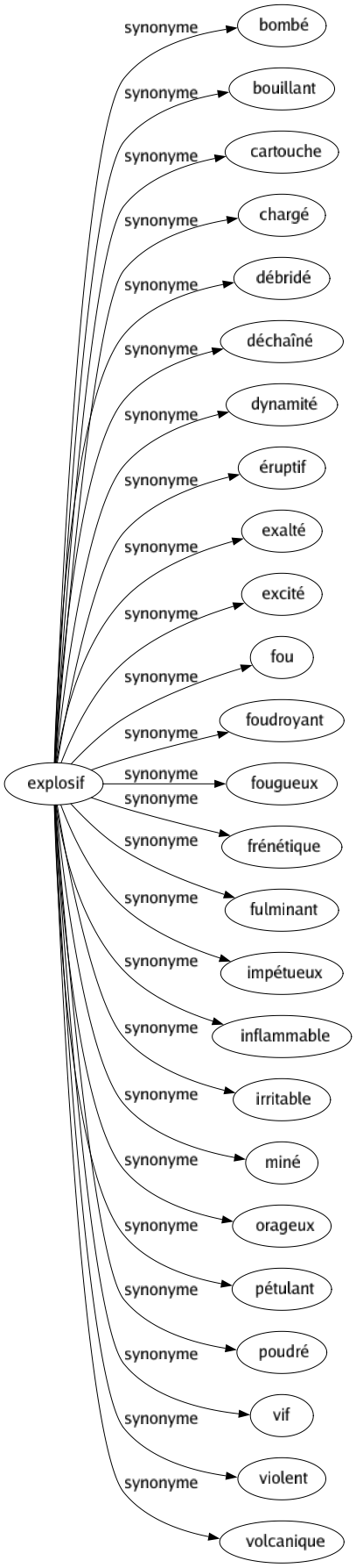 Synonyme de Explosif : Bombé Bouillant Cartouche Chargé Débridé Déchaîné Dynamité Éruptif Exalté Excité Fou Foudroyant Fougueux Frénétique Fulminant Impétueux Inflammable Irritable Miné Orageux Pétulant Poudré Vif Violent Volcanique 