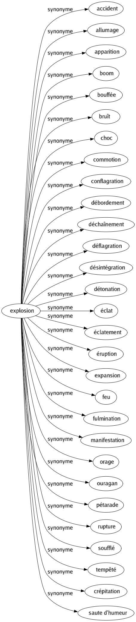 Synonyme de Explosion : Accident Allumage Apparition Boom Bouffée Bruît Choc Commotion Conflagration Débordement Déchaînement Déflagration Désintégration Détonation Éclat Éclatement Éruption Expansion Feu Fulmination Manifestation Orage Ouragan Pétarade Rupture Soufflé Tempêté Crépitation Saute d'humeur 