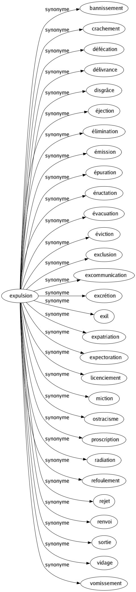 Synonyme de Expulsion : Bannissement Crachement Défécation Délivrance Disgrâce Éjection Élimination Émission Épuration Éructation Évacuation Éviction Exclusion Excommunication Excrétion Exil Expatriation Expectoration Licenciement Miction Ostracisme Proscription Radiation Refoulement Rejet Renvoi Sortie Vidage Vomissement 