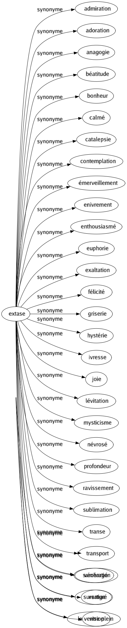 Synonyme de Extase : Admiration Adoration Anagogie Béatitude Bonheur Calmé Catalepsie Contemplation Émerveillement Enivrement Enthousiasmé Euphorie Exaltation Félicité Griserie Hystérie Ivresse Joie Lévitation Mysticisme Névrosé Profondeur Ravissement Sublimation Transe Transport Vénération Vertige Vision 