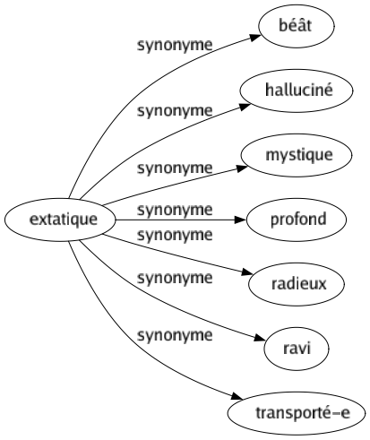 Synonyme de Extatique : Béât Halluciné Mystique Profond Radieux Ravi Transporté-e 
