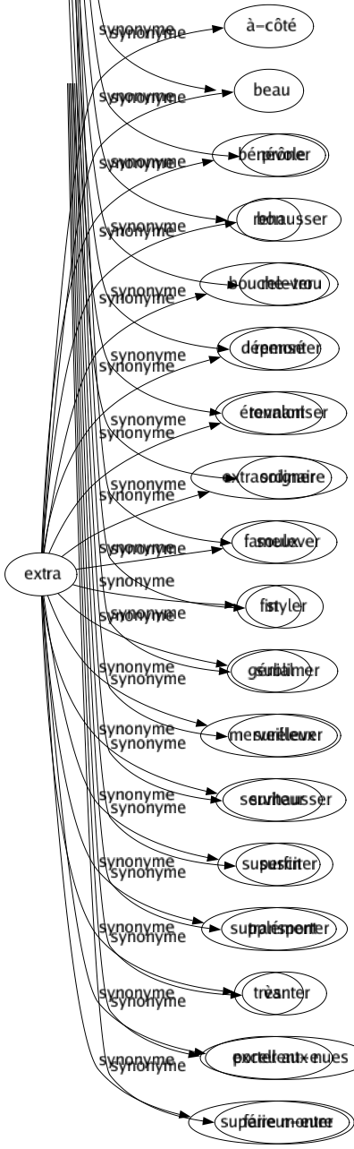 Synonyme de Extra : À-côté Beau Bénévole Bon Bouche-trou Dépensé Étonnant Extraordinaire Fameux Fin Génial Merveilleux Serviteur Superfin Supplément Très Excellent-e Supérieur-eure 