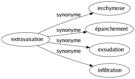 Synonyme de Extravasation : Ecchymose Épanchement Exsudation Infiltration 