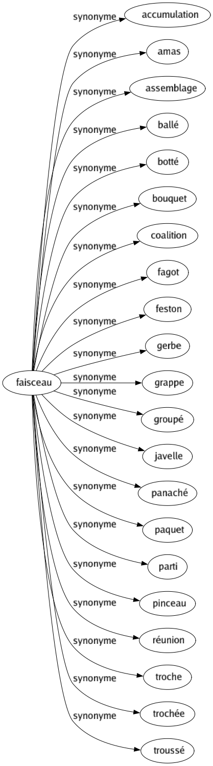 Synonyme de Faisceau : Accumulation Amas Assemblage Ballé Botté Bouquet Coalition Fagot Feston Gerbe Grappe Groupé Javelle Panaché Paquet Parti Pinceau Réunion Troche Trochée Troussé 