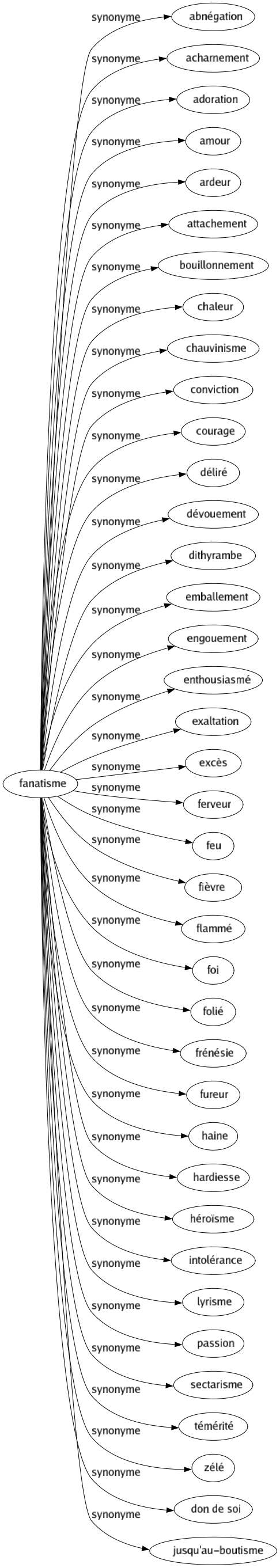 Synonyme de Fanatisme : Abnégation Acharnement Adoration Amour Ardeur Attachement Bouillonnement Chaleur Chauvinisme Conviction Courage Déliré Dévouement Dithyrambe Emballement Engouement Enthousiasmé Exaltation Excès Ferveur Feu Fièvre Flammé Foi Folié Frénésie Fureur Haine Hardiesse Héroïsme Intolérance Lyrisme Passion Sectarisme Témérité Zélé Don de soi Jusqu'au-boutisme 