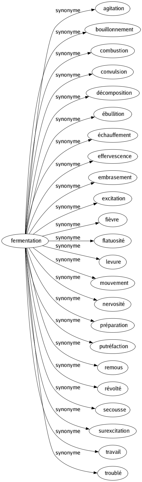 Synonyme de Fermentation : Agitation Bouillonnement Combustion Convulsion Décomposition Ébullition Échauffement Effervescence Embrasement Excitation Fièvre Flatuosité Levure Mouvement Nervosité Préparation Putréfaction Remous Révolté Secousse Surexcitation Travail Troublé 