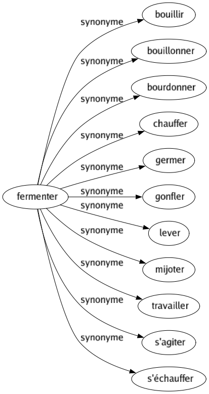 Synonyme de Fermenter : Bouillir Bouillonner Bourdonner Chauffer Germer Gonfler Lever Mijoter Travailler S'agiter S'échauffer 