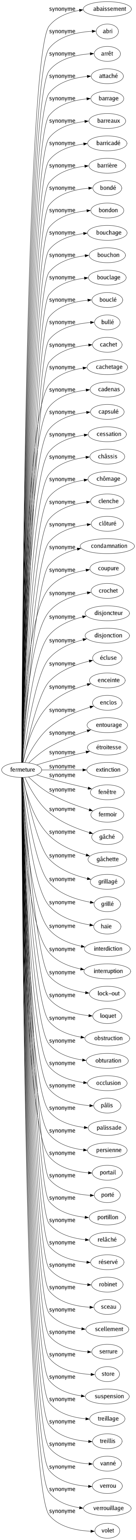 Synonyme de Fermeture : Abaissement Abri Arrêt Attaché Barrage Barreaux Barricadé Barrière Bondé Bondon Bouchage Bouchon Bouclage Bouclé Bullé Cachet Cachetage Cadenas Capsulé Cessation Châssis Chômage Clenche Clôturé Condamnation Coupure Crochet Disjoncteur Disjonction Écluse Enceinte Enclos Entourage Étroitesse Extinction Fenêtre Fermoir Gâché Gâchette Grillagé Grillé Haïe Interdiction Interruption Lock-out Loquet Obstruction Obturation Occlusion Pâlis Palissade Persienne Portail Porté Portillon Relâché Réservé Robinet Sceau Scellement Serrure Store Suspension Treillage Treillis Vanné Verrou Verrouillage Volet 