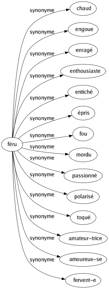 Synonyme de Féru : Chaud Engoue Enragé Enthousiaste Entiché Épris Fou Mordu Passionné Polarisé Toqué Amateur-trice Amoureux-se Fervent-e 