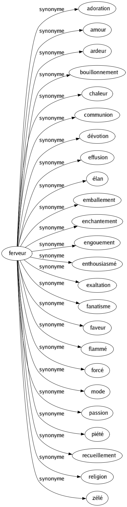 Synonyme de Ferveur : Adoration Amour Ardeur Bouillonnement Chaleur Communion Dévotion Effusion Élan Emballement Enchantement Engouement Enthousiasmé Exaltation Fanatisme Faveur Flammé Forcé Mode Passion Piété Recueillement Religion Zélé 