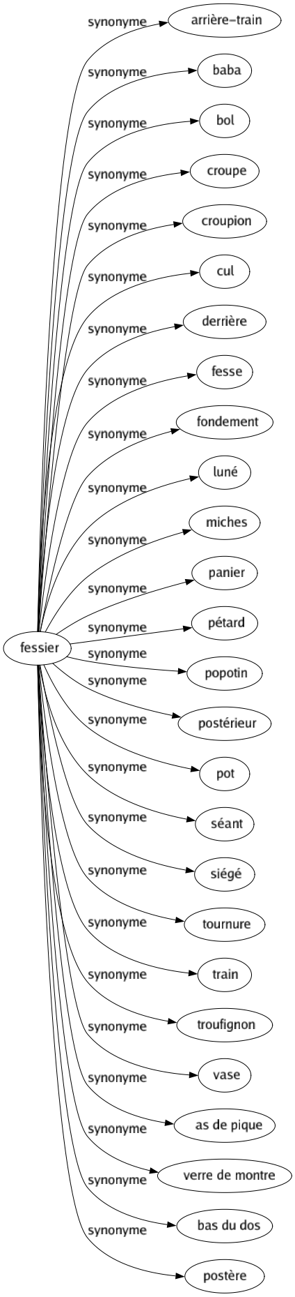 Synonyme de Fessier : Arrière-train Baba Bol Croupe Croupion Cul Derrière Fesse Fondement Luné Miches Panier Pétard Popotin Postérieur Pot Séant Siégé Tournure Train Troufignon Vase As de pique Verre de montre Bas du dos Postère 