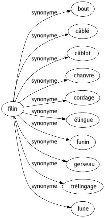 Synonyme de Filin : Bout Câblé Câblot Chanvre Cordage Élingue Funin Gerseau Trélingage Fune 