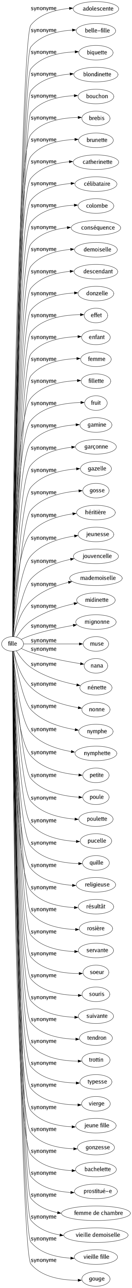 Synonyme de Fille : Adolescente Belle-fille Biquette Blondinette Bouchon Brebis Brunette Catherinette Célibataire Colombe Conséquence Demoiselle Descendant Donzelle Effet Enfant Femme Fillette Fruit Gamine Garçonne Gazelle Gosse Héritière Jeunesse Jouvencelle Mademoiselle Midinette Mignonne Muse Nana Nénette Nonne Nymphe Nymphette Petite Poule Poulette Pucelle Quille Religieuse Résultât Rosière Servante Soeur Souris Suivante Tendron Trottin Typesse Vierge Jeune fille Gonzesse Bachelette Prostitué-e Femme de chambre Vieille demoiselle Vieille fille Gouge 