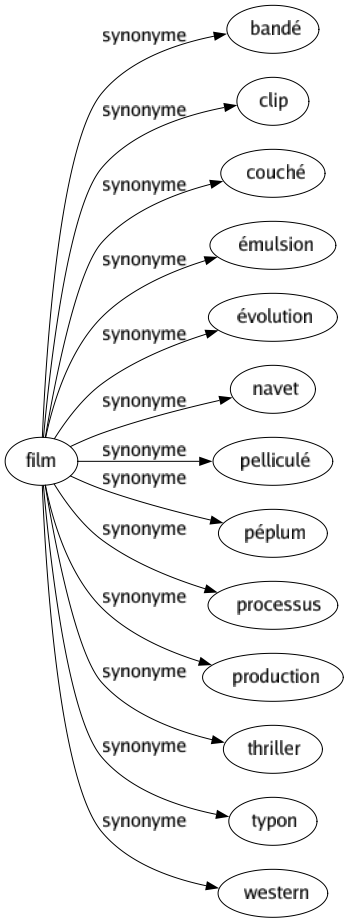 Synonyme de Film : Bandé Clip Couché Émulsion Évolution Navet Pelliculé Péplum Processus Production Thriller Typon Western 