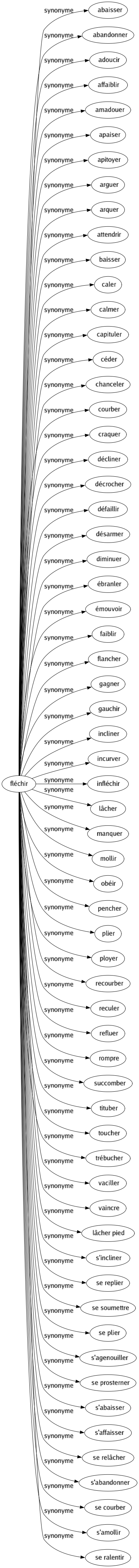 Synonyme de Fléchir : Abaisser Abandonner Adoucir Affaiblir Amadouer Apaiser Apitoyer Arguer Arquer Attendrir Baisser Caler Calmer Capituler Céder Chanceler Courber Craquer Décliner Décrocher Défaillir Désarmer Diminuer Ébranler Émouvoir Faiblir Flancher Gagner Gauchir Incliner Incurver Infléchir Lâcher Manquer Mollir Obéir Pencher Plier Ployer Recourber Reculer Refluer Rompre Succomber Tituber Toucher Trébucher Vaciller Vaincre Lâcher pied S'incliner Se replier Se soumettre Se plier S'agenouiller Se prosterner S'abaisser S'affaisser Se relâcher S'abandonner Se courber S'amollir Se ralentir 