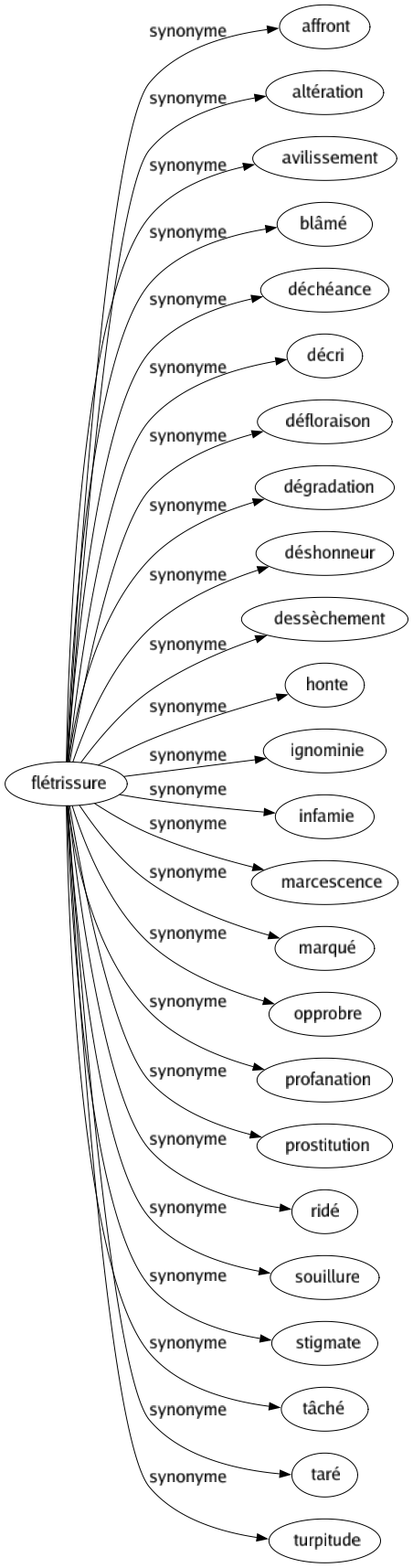 Synonyme de Flétrissure : Affront Altération Avilissement Blâmé Déchéance Décri Défloraison Dégradation Déshonneur Dessèchement Honte Ignominie Infamie Marcescence Marqué Opprobre Profanation Prostitution Ridé Souillure Stigmate Tâché Taré Turpitude 