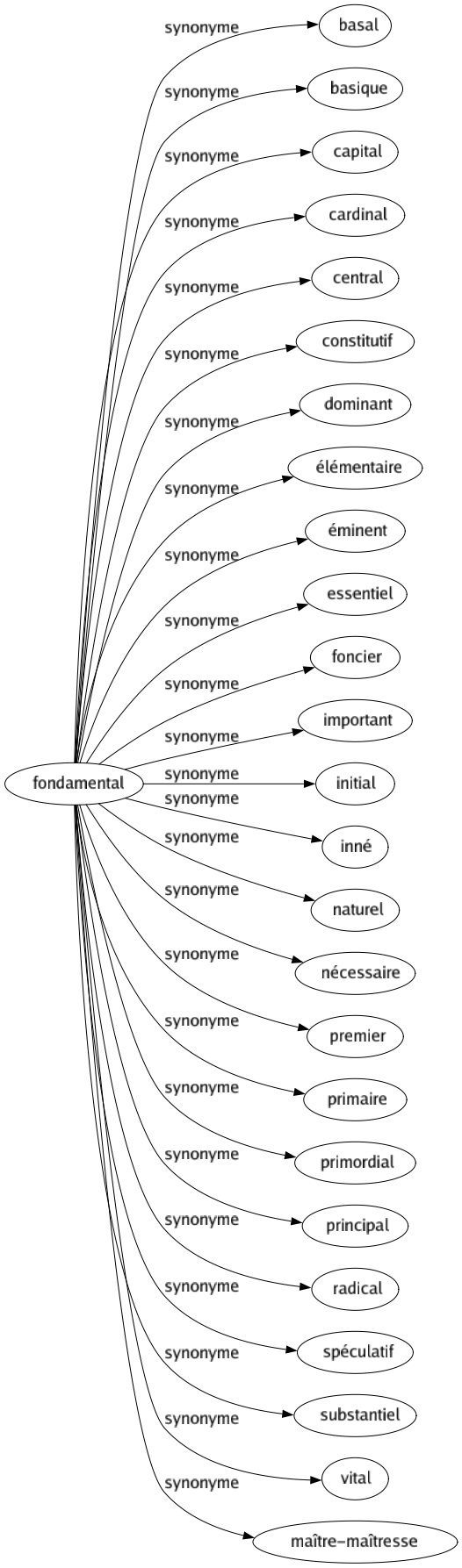 Synonyme de Fondamental : Basal Basique Capital Cardinal Central Constitutif Dominant Élémentaire Éminent Essentiel Foncier Important Initial Inné Naturel Nécessaire Premier Primaire Primordial Principal Radical Spéculatif Substantiel Vital Maître-maîtresse 