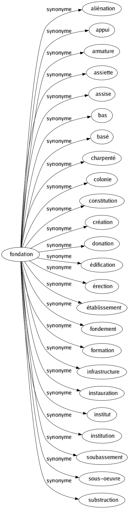 Synonyme de Fondation : Aliénation Appui Armature Assiette Assise Bas Basé Charpenté Colonie Constitution Création Donation Édification Érection Établissement Fondement Formation Infrastructure Instauration Institut Institution Soubassement Sous-oeuvre Substruction 