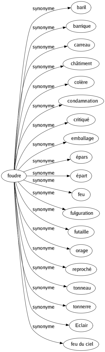 Synonyme de Foudre : Baril Barrique Carreau Châtiment Colère Condamnation Critiqué Emballage Épars Épart Feu Fulguration Futaille Orage Reproché Tonneau Tonnerre Eclair Feu du ciel 