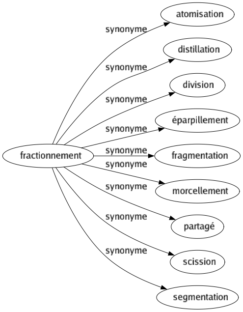 Synonyme de Fractionnement : Atomisation Distillation Division Éparpillement Fragmentation Morcellement Partagé Scission Segmentation 