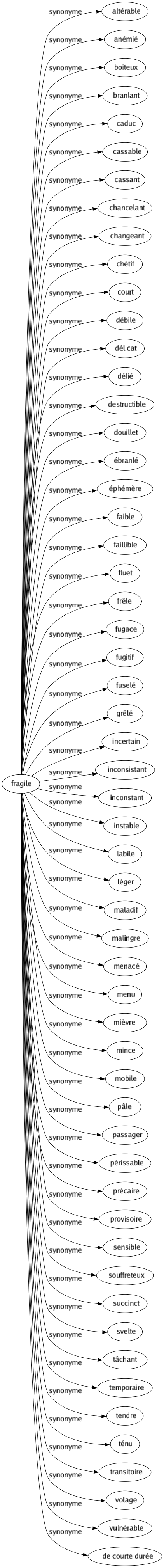 Synonyme de Fragile : Altérable Anémié Boiteux Branlant Caduc Cassable Cassant Chancelant Changeant Chétif Court Débile Délicat Délié Destructible Douillet Ébranlé Éphémère Faible Faillible Fluet Frêle Fugace Fugitif Fuselé Grêlé Incertain Inconsistant Inconstant Instable Labile Léger Maladif Malingre Menacé Menu Mièvre Mince Mobile Pâle Passager Périssable Précaire Provisoire Sensible Souffreteux Succinct Svelte Tâchant Temporaire Tendre Ténu Transitoire Volage Vulnérable De courte durée 