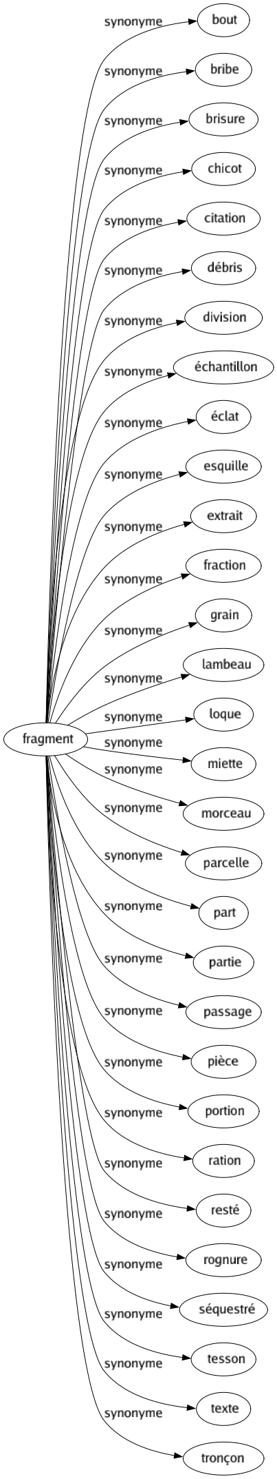 Synonyme de Fragment : Bout Bribe Brisure Chicot Citation Débris Division Échantillon Éclat Esquille Extrait Fraction Grain Lambeau Loque Miette Morceau Parcelle Part Partie Passage Pièce Portion Ration Resté Rognure Séquestré Tesson Texte Tronçon 