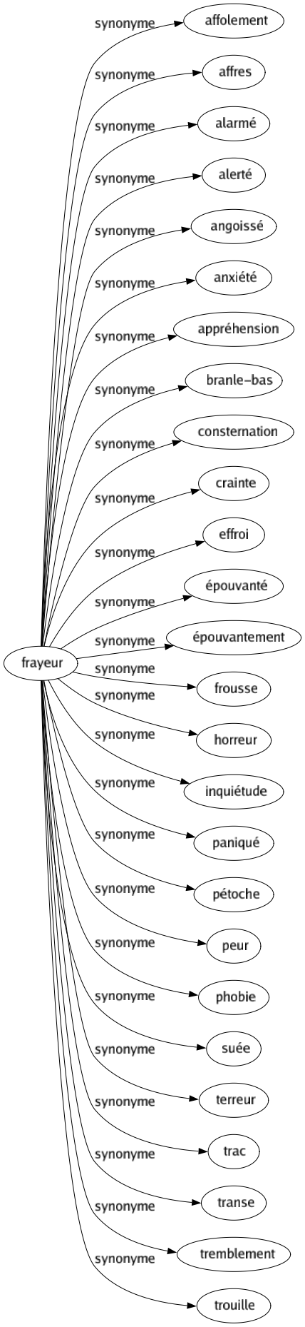 Synonyme de Frayeur : Affolement Affres Alarmé Alerté Angoissé Anxiété Appréhension Branle-bas Consternation Crainte Effroi Épouvanté Épouvantement Frousse Horreur Inquiétude Paniqué Pétoche Peur Phobie Suée Terreur Trac Transe Tremblement Trouille 