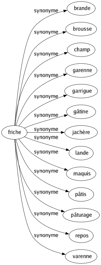 Synonyme de Friche : Brande Brousse Champ Garenne Garrigue Gâtine Jachère Lande Maquis Pâtis Pâturage Repos Varenne 