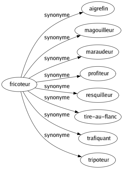 Synonyme de Fricoteur : Aigrefin Magouilleur Maraudeur Profiteur Resquilleur Tire-au-flanc Trafiquant Tripoteur 