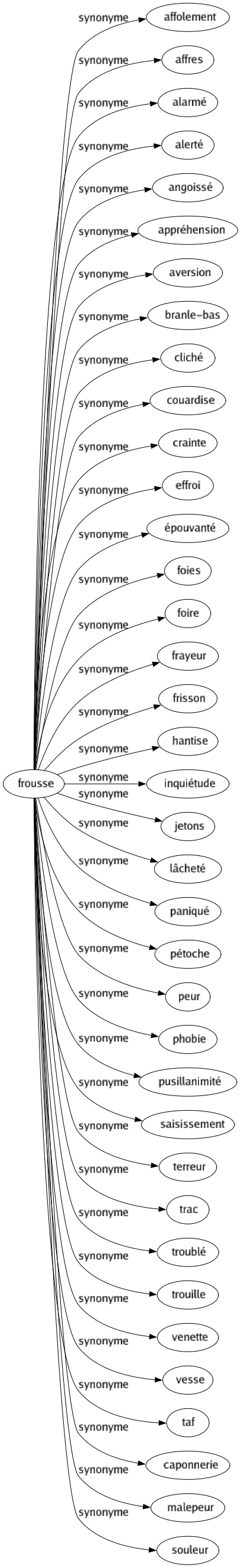 Synonyme de Frousse : Affolement Affres Alarmé Alerté Angoissé Appréhension Aversion Branle-bas Cliché Couardise Crainte Effroi Épouvanté Foies Foire Frayeur Frisson Hantise Inquiétude Jetons Lâcheté Paniqué Pétoche Peur Phobie Pusillanimité Saisissement Terreur Trac Troublé Trouille Venette Vesse Taf Caponnerie Malepeur Souleur 