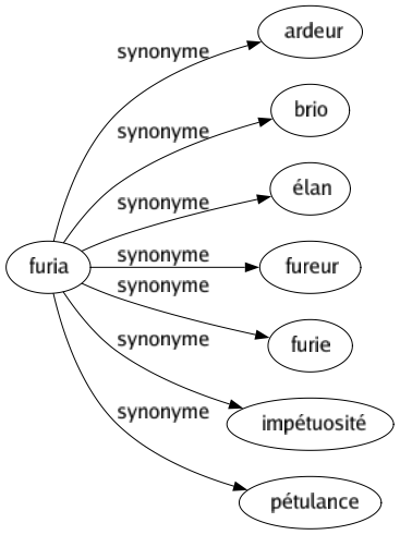 Synonyme de Furia : Ardeur Brio Élan Fureur Furie Impétuosité Pétulance 