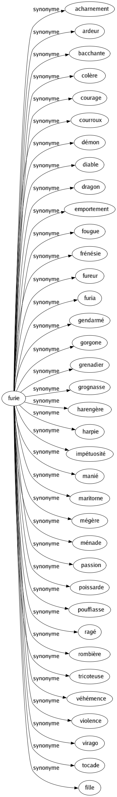 Synonyme de Furie : Acharnement Ardeur Bacchante Colère Courage Courroux Démon Diable Dragon Emportement Fougue Frénésie Fureur Furia Gendarmé Gorgone Grenadier Grognasse Harengère Harpie Impétuosité Manié Maritorne Mégère Ménade Passion Poissarde Pouffiasse Ragé Rombière Tricoteuse Véhémence Violence Virago Tocade Fille 