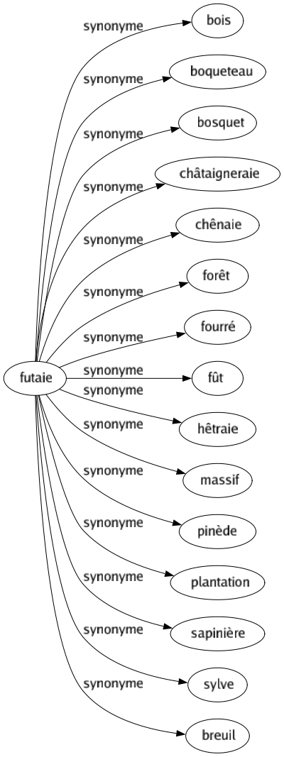 Synonyme de Futaie : Bois Boqueteau Bosquet Châtaigneraie Chênaie Forêt Fourré Fût Hêtraie Massif Pinède Plantation Sapinière Sylve Breuil 