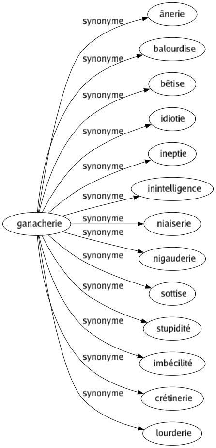 Synonyme de Ganacherie : Ânerie Balourdise Bêtise Idiotie Ineptie Inintelligence Niaiserie Nigauderie Sottise Stupidité Imbécilité Crétinerie Lourderie 