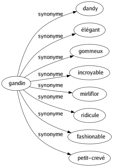 Synonyme de Gandin : Dandy Élégant Gommeux Incroyable Mirliflor Ridicule Fashionable Petit-crevé 