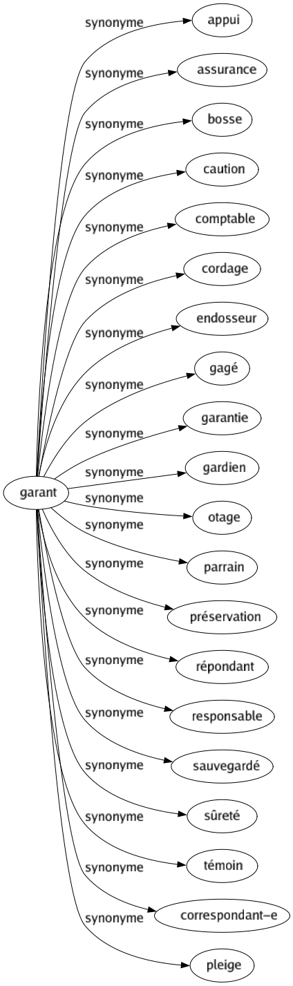 Synonyme de Garant : Appui Assurance Bosse Caution Comptable Cordage Endosseur Gagé Garantie Gardien Otage Parrain Préservation Répondant Responsable Sauvegardé Sûreté Témoin Correspondant-e Pleige 