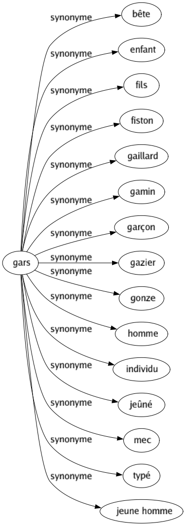Synonyme de Gars : Bête Enfant Fils Fiston Gaillard Gamin Garçon Gazier Gonze Homme Individu Jeûné Mec Typé Jeune homme 