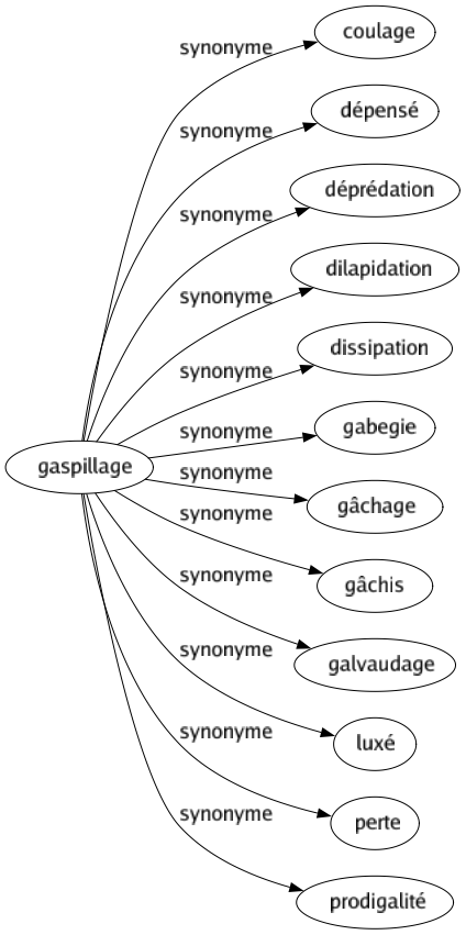 Synonyme de Gaspillage : Coulage Dépensé Déprédation Dilapidation Dissipation Gabegie Gâchage Gâchis Galvaudage Luxé Perte Prodigalité 