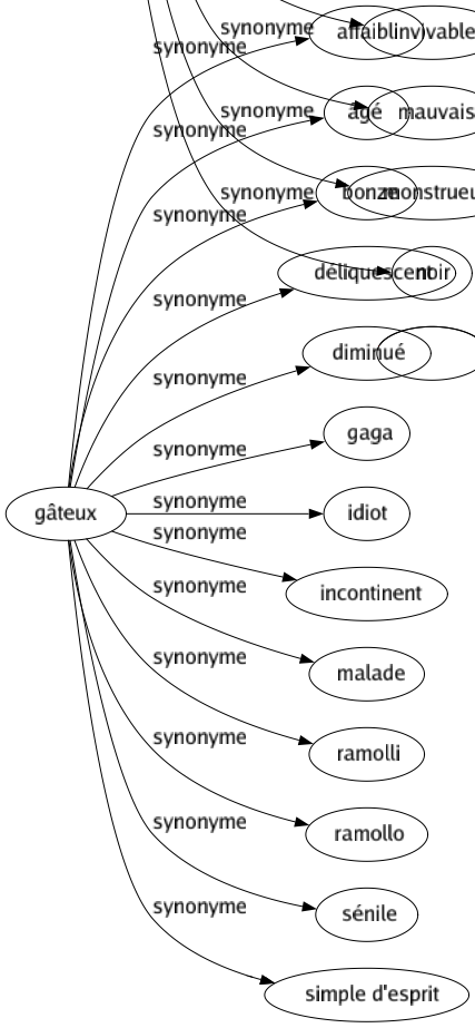 Synonyme de Gâteux : Affaibli Âgé Bonze Déliquescent Diminué Gaga Idiot Incontinent Malade Ramolli Ramollo Sénile Simple d'esprit 