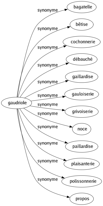Synonyme de Gaudriole : Bagatelle Bêtise Cochonnerie Débauché Gaillardise Gauloiserie Grivoiserie Noce Paillardise Plaisanterie Polissonnerie Propos 
